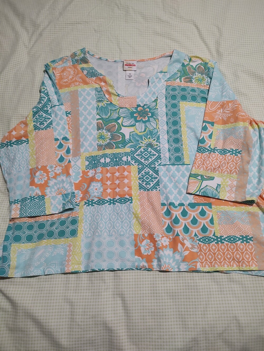 Ruby Road Women's Patchwork Print Long-Sleeve Top in Peach, Teal & Mint